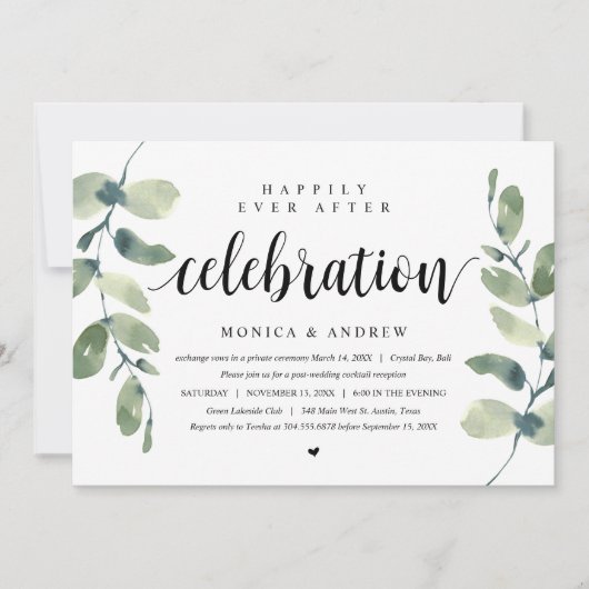Invitation Eucalyptus Moderne, Célébration de Mariage Intime (Devant)