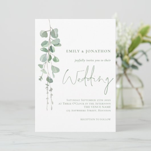 Invitation Eucalyptus moderne Élégant Mariage de script de sa (Debout devant)