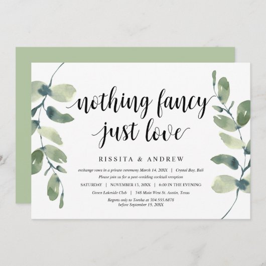 Invitation Eucalyptus moderne, Encre noire, Elopage Mariage (Devant / Derrière)