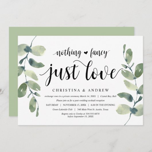 Invitation Eucalyptus moderne, Encre noire, Elopage Mariage (Devant / Derrière)