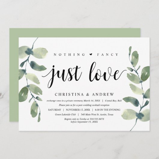 Invitation Eucalyptus moderne, Encre noire, Elopage Mariage (Devant / Derrière)