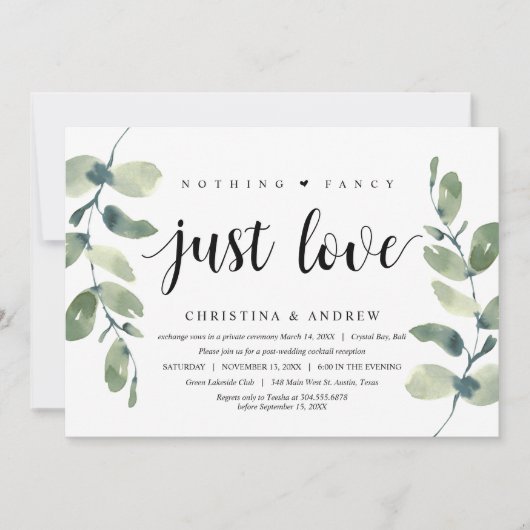 Invitation Eucalyptus Moderne, Encre Noire, Fuite de Mariage (Devant)