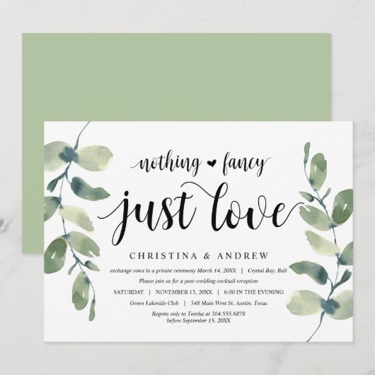 Invitation Eucalyptus Moderne, Encre Noire, Mariage Intime (Devant / Derrière)