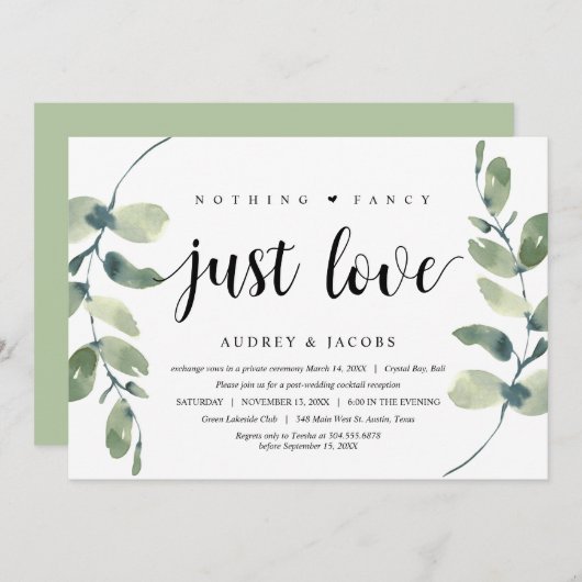 Invitation Eucalyptus Moderne,  Fête de Mariage en Intime (Devant / Derrière)