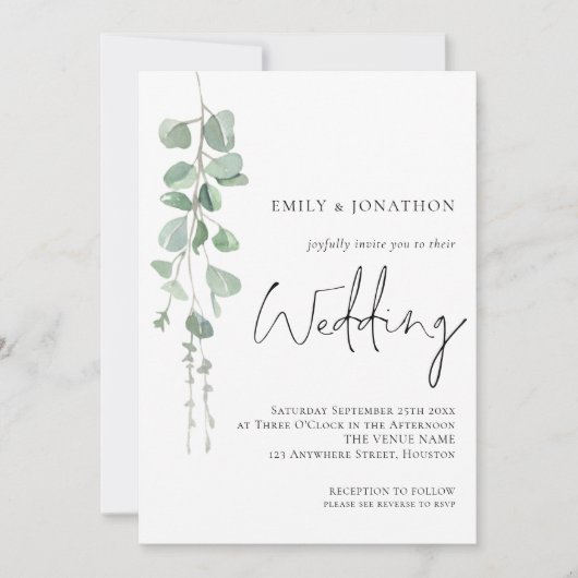 Invitation Eucalyptus moderne Mariage Sage Script (Devant)