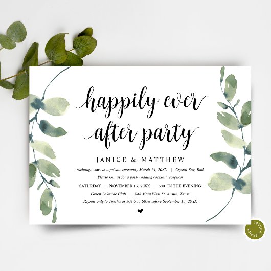Invitation Eucalyptus Moderne, Noir, Mariage en Elopement