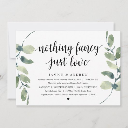 Invitation Eucalyptus Moderne, Noir, Mariage Fuite Party (Devant)