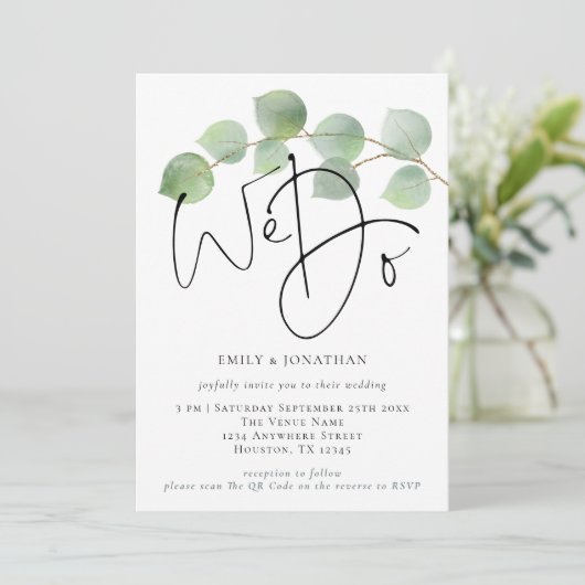 Invitation Eucalyptus moderne Nous faisons QR Code Mariage (Debout devant)