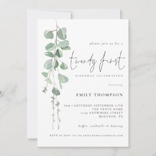 Invitation Eucalyptus moderne Script 21e fête d'anniversaire (Devant)