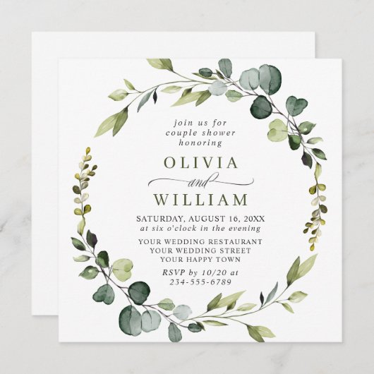 Invitation Eucalyptus moderne Wreath Frame COUPLE DOUCHE EN C (Devant / Derrière)