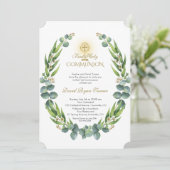Invitation Eucalyptus moderne Wreath Gold Holy Communion (Debout devant)