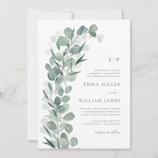 Invitation Eucalyptus Monogrammé Mariage (Devant)