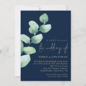 Invitation Eucalyptus Navy Blue Gold QR Code Script Mariage (Devant)