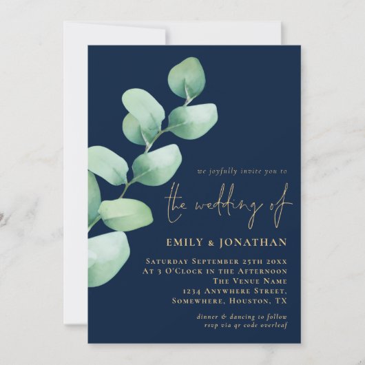 Invitation Eucalyptus Navy Blue Gold QR Code Script Mariage (Devant)