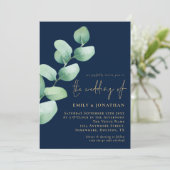 Invitation Eucalyptus Navy Blue Gold QR Code Script Mariage (Debout devant)