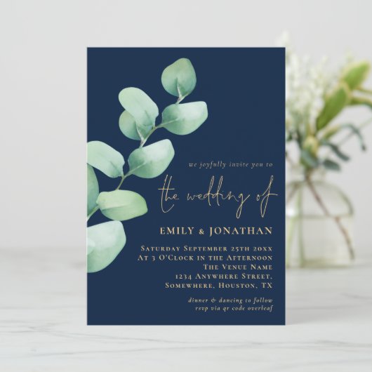 Invitation Eucalyptus Navy Blue Gold QR Code Script Mariage (Debout devant)