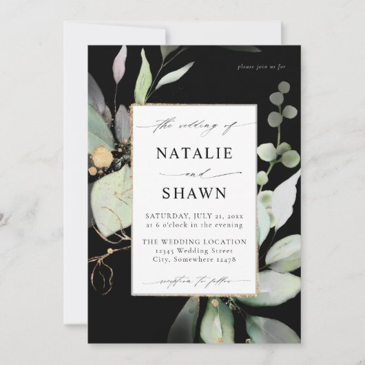 Invitation Eucalyptus or brillant vert Mariage noir (Devant)