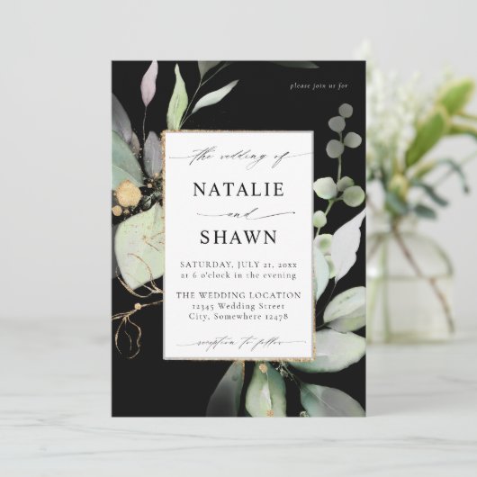 Invitation Eucalyptus or brillant vert Mariage noir (Debout devant)