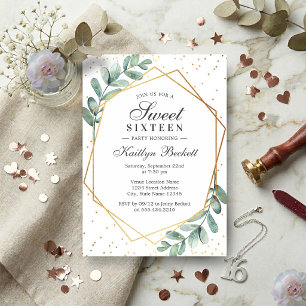 Invitation Eucalyptus Or Géométrique Sweet Sixteen