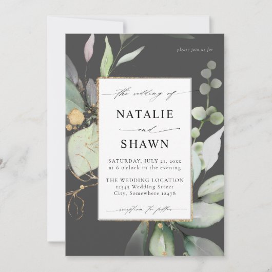 Invitation Eucalyptus Or Lumineux Vert Mariage Gris (Devant)