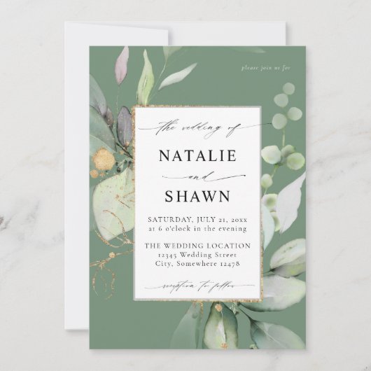 Invitation Eucalyptus Or Lumineux Vert Mariage Olive Green (Devant)