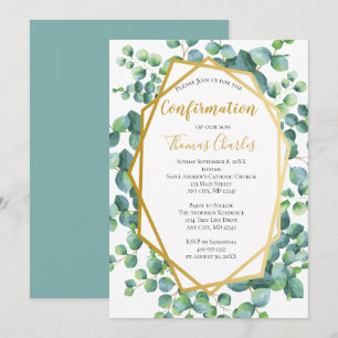 Invitation Eucalyptus Or Vert Floral Garçon Fille Confirmatio