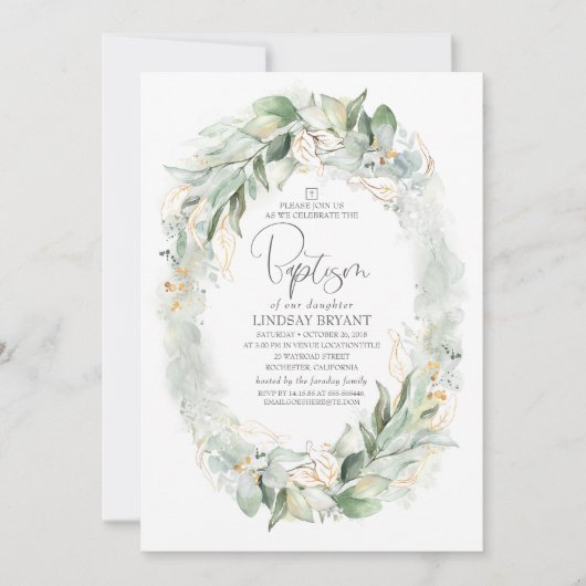 Invitation Eucalyptus Or Vert Wreath Boho Baptême Boho (Devant)