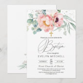 Invitation Eucalyptus Peony Fleurs de pavot Croix Baptême (Devant / Derrière)