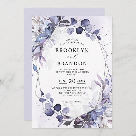 Invitation Eucalyptus Periwinkle violet Mariage géométrique (Devant / Derrière)
