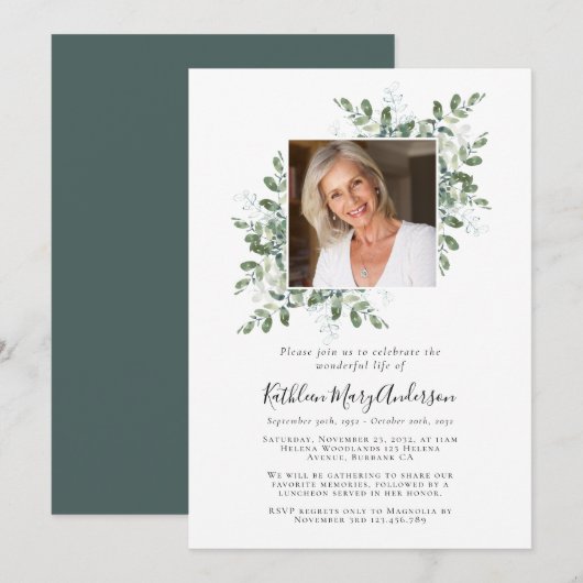 Invitation Eucalyptus Photo Célébration du Mémorial de Vie (Devant / Derrière)