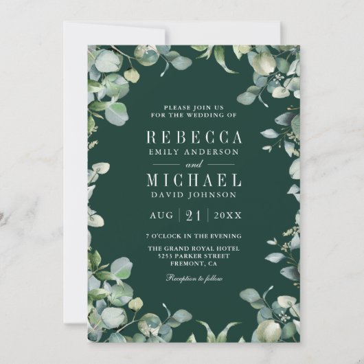 Invitation Eucalyptus Photo Collage QR Code Emerald Wedding (Devant)