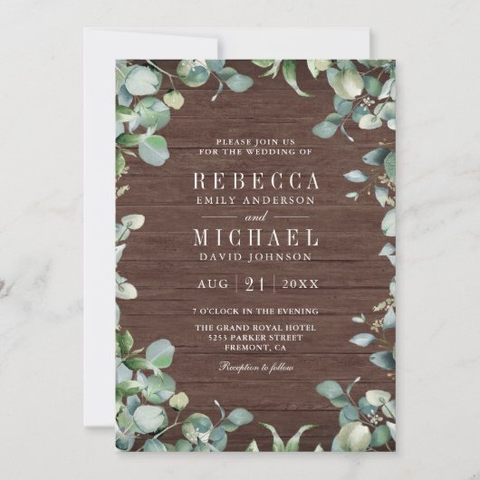 Invitation Eucalyptus Photo Collage QR Code Wood Wedding (Devant)