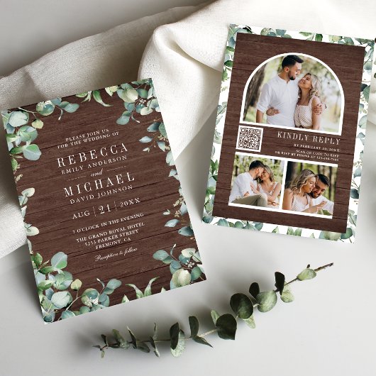 Invitation Eucalyptus Photo Collage QR Code Wood Wedding