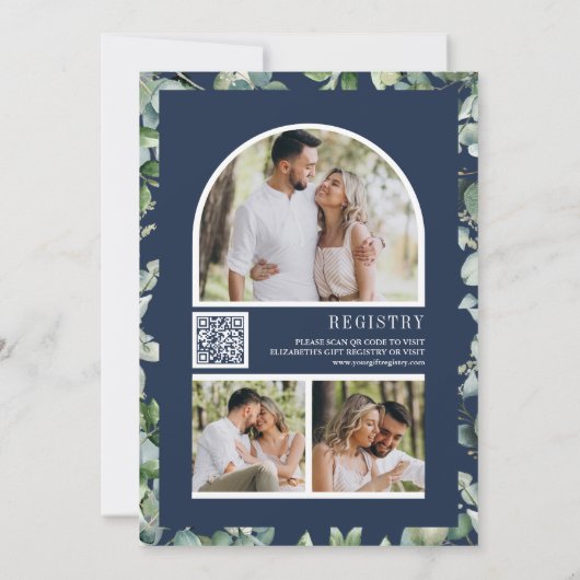 Invitation Eucalyptus Photo QR Code Marine Bleu Fête des mari (Dos)