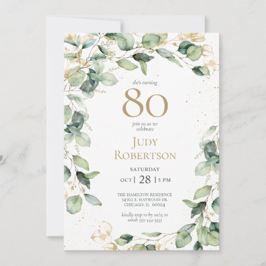 Invitation Eucalyptus pour 80e anniversaire (Devant)