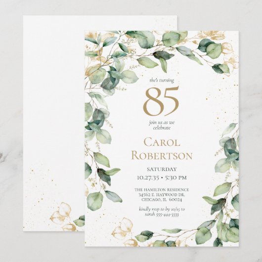 Invitation Eucalyptus pour 85e anniversaire (Devant / Derrière)