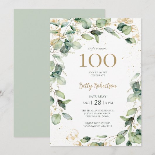 Invitation Eucalyptus pour les 100 ans (Devant / Derrière)
