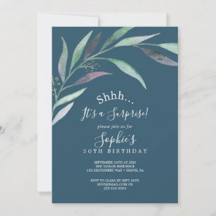 Invitation Eucalyptus pourpre et vert Blue Surprise Party