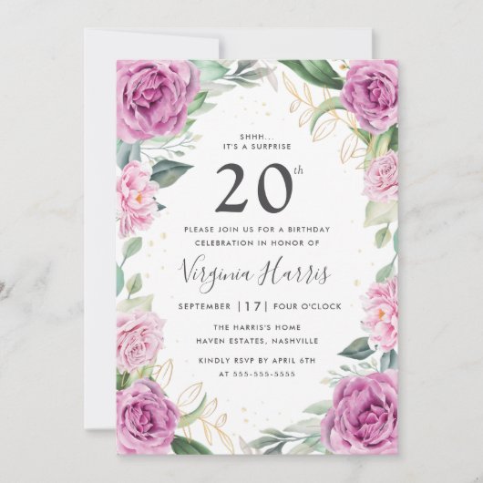 Invitation Eucalyptus Purple Floral Vingt-vingtième anniversa (Devant)