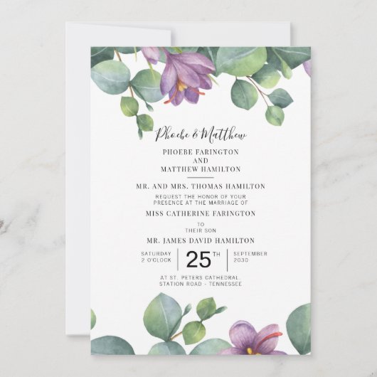 Invitation Eucalyptus Purple Vert Floral Mariage Succulent (Devant)