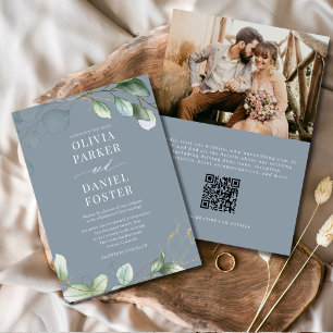 Invitation Eucalyptus QR Code Dusty Blue Photo Mariage