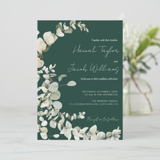 Invitation Eucalyptus QR Code Emerald Mariage vert (Debout devant)