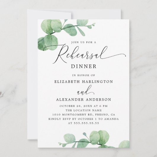Invitation Eucalyptus Rehearsal Dinner. Elegant Script Garden (Devant)