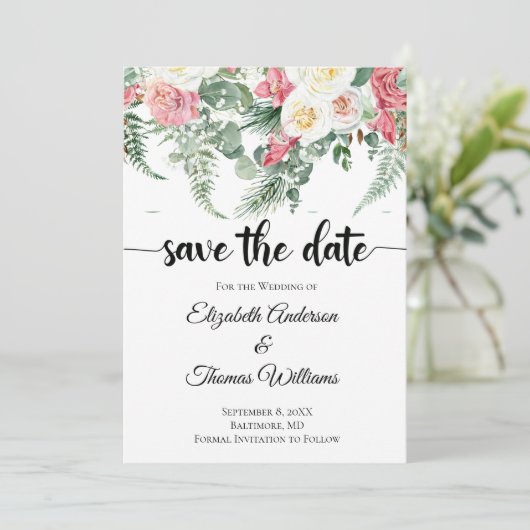 Invitation Eucalyptus rose blanc Roses floraux Enregistrer la (Debout devant)