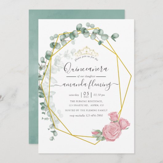 Invitation Eucalyptus Rose géométrique Quinceañera (Devant / Derrière)