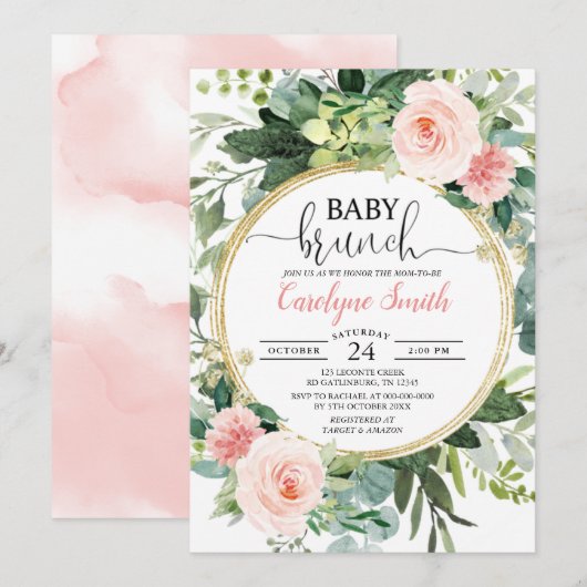 Invitation Eucalyptus rose or Brunch Baby shower fille (Devant / Derrière)