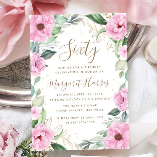 Invitation Eucalyptus rose or Floral 60e Soixante Anniversair