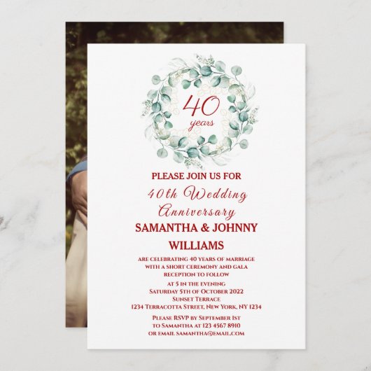 Invitation Eucalyptus Ruby 40ème anniversaire de Mariage Phot (Devant / Derrière)