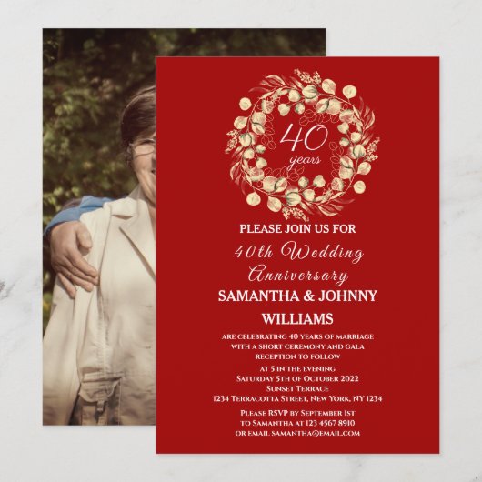 Invitation Eucalyptus Ruby 40ème anniversaire de Mariage Phot (Devant / Derrière)