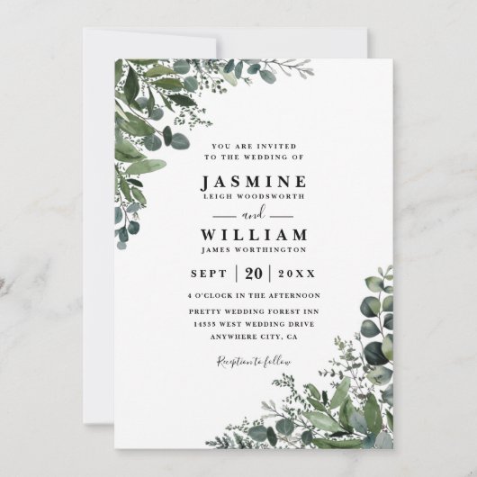 Invitation Eucalyptus Rustic Elegant Modern QR Code Wedding (Devant)